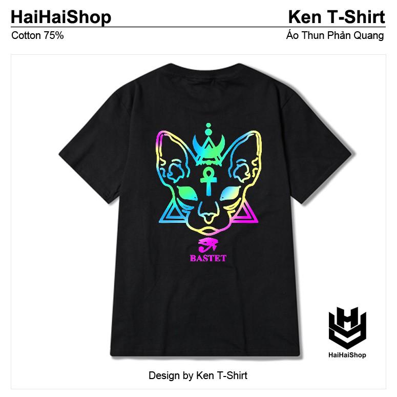 Áo Thun Phản Quang Mèo Bastet Cotton 75%,Form Rộng Unisex,Nam Nữ Đẹp Ken T-Shirt