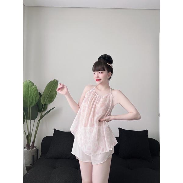 TRUCMY SHOP - Đồ Bộ Nữ, Bộ Đồ Ngủ 2 Dây Nữ, Đồ Ngủ Sexy 2 Dây yếm voan tơ quần satin, Freesize 45-70kg, tuỳ chiều cao