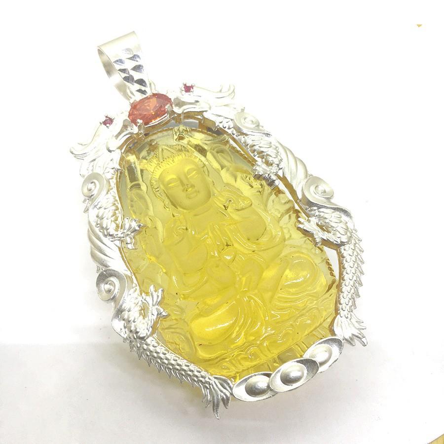 Mặt dây bạc nam Bạc Quang Thản khắc ngài Thiên Thù Bồ Tát bọc cặp rồng chầu chất liệu bạc trắng không xi mạ.