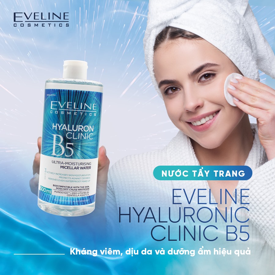 Nước tẩy trang Eveline Hyaluron Clinic B5 và tinh chất rau má 3 in 1 500ML