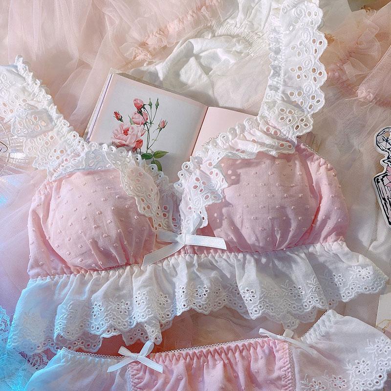 Lolita Kawaii Dễ Thương Ren Hoa Dây Hồng Áo Ngực Và Quần Bộ Quần Lót Nữ Pháp Retro Bông Thân Mật Cực Áo Ngực Mỏng quần Lót