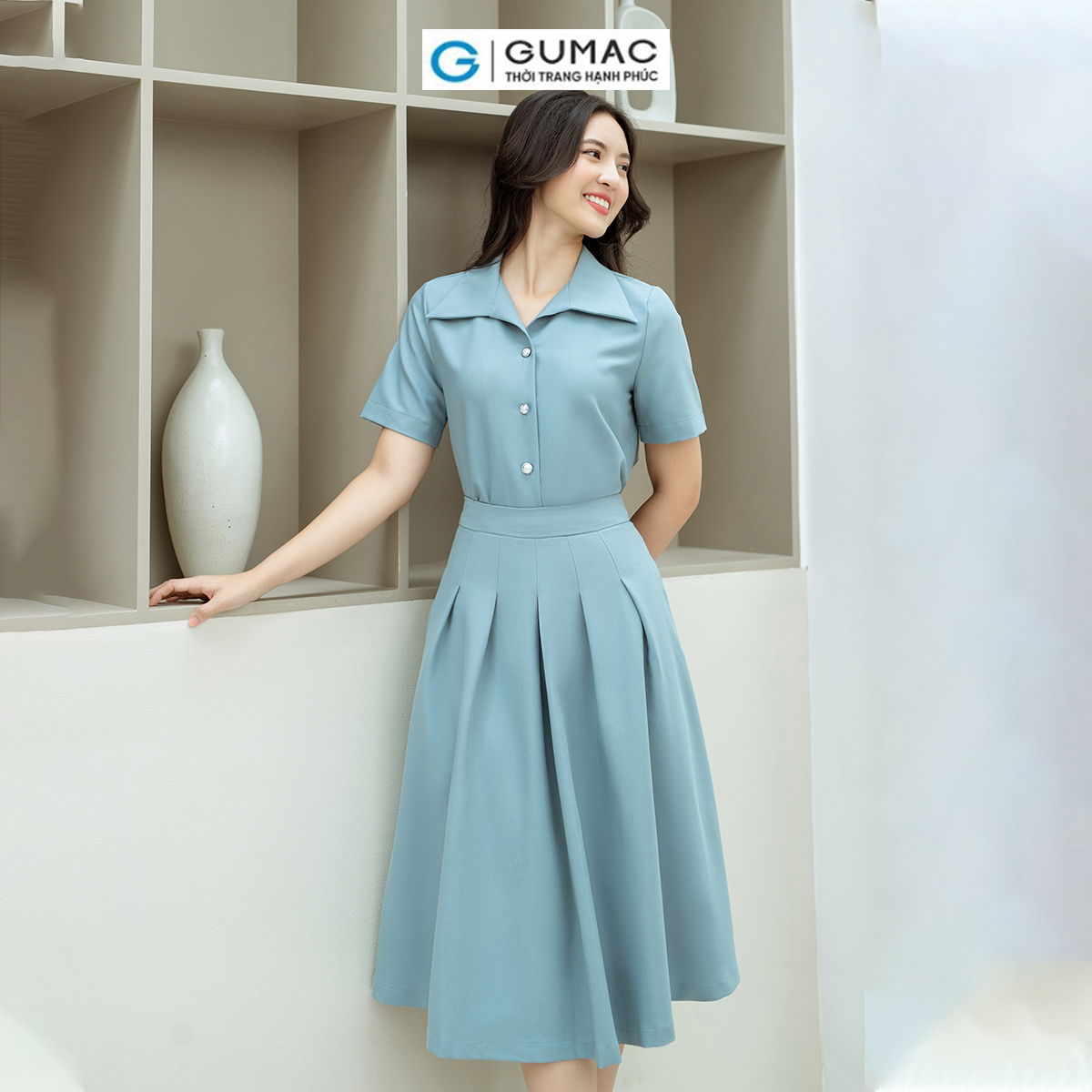 Set lẻ Áo kiểu tay ngắn GUMAC AD08028 - Chân váy A xếp ly GUMAC VD08037