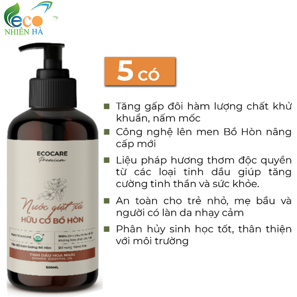 Nước giặt xả ECOCARE PREMIUM 2L tinh dầu nhài, nước giặt hữu cơ an toàn cho bé và mẹ bầu