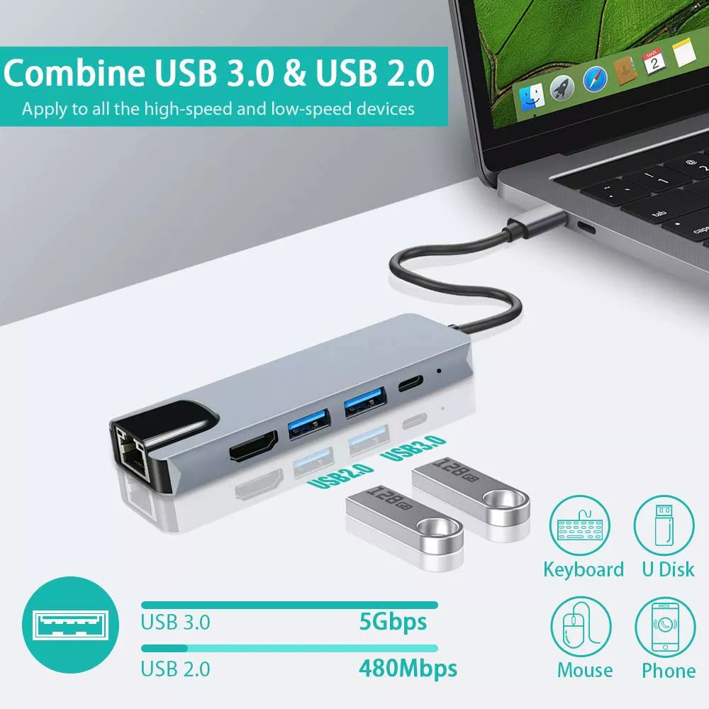 Bộ Hub Chuyển Đổi Đa Cổng 5 Trong 1  Caparies HUBV3-1Gb Dành Cho Máy Tính Xách Tay MacBook Pro &amp;amp; Type C Windows - Hàng Chính Hãng