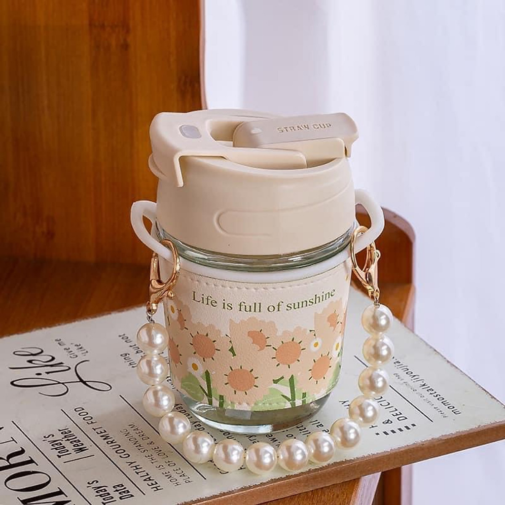 Ly Thủy Tinh Bình Nước Quai Ngọc Bao Da Hoa Chống Nóng Kèm Ông Hút Sang Chảnh 350Ml 13X8Cm