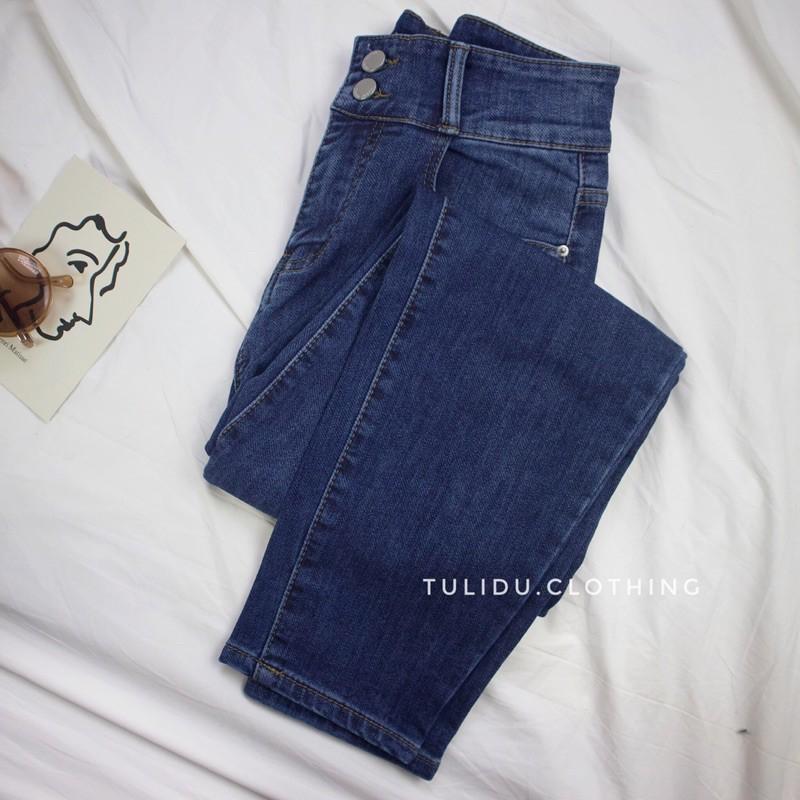 Quần Jean Nữ Dáng Baggy Cạp Lưng Cao Trơn Hàng Cao Cấp Quần Bò Nữ 2 Cúc Co Giãn