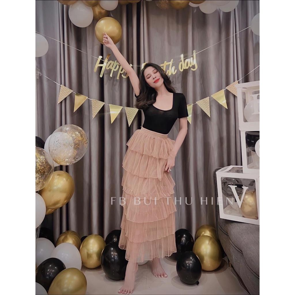 SET ĐI CHƠI, SET 2 MÓN ÁO THUN CROPTOP CỔ U TAY NGẮN PHỐI CHÂN VÁY TẦNG DÀI CỰC XINH - áo đen váy nâu