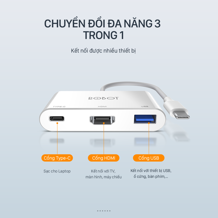 HUB ROBOT HT430 Chuyển Đổi Cổng Type-C Đa Năng 3 Trong 1 - Hàng Chính Hãng