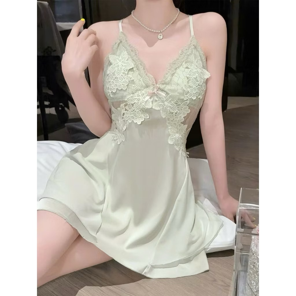 Váy Ngủ D747 Lụa Quảng Châu Cao Cấp Phối Ren Đính Nơ Sexy