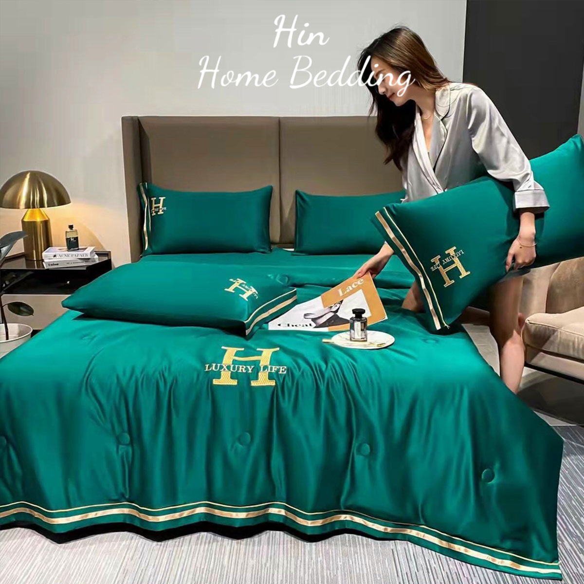Bộ Chăn Ga Gối Đệm 5 Món Chăn Phao Lụa Thái Hin Home Bedding Drap Giường Lụa Mẫu Xanh Lá