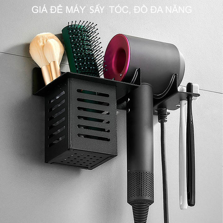 Giá để máy sấy tóc, bàn chải đánh răng đa năng, dùng keo dán tường không cần khoan, làm bằng hợp kim nhôm mạ màu đen