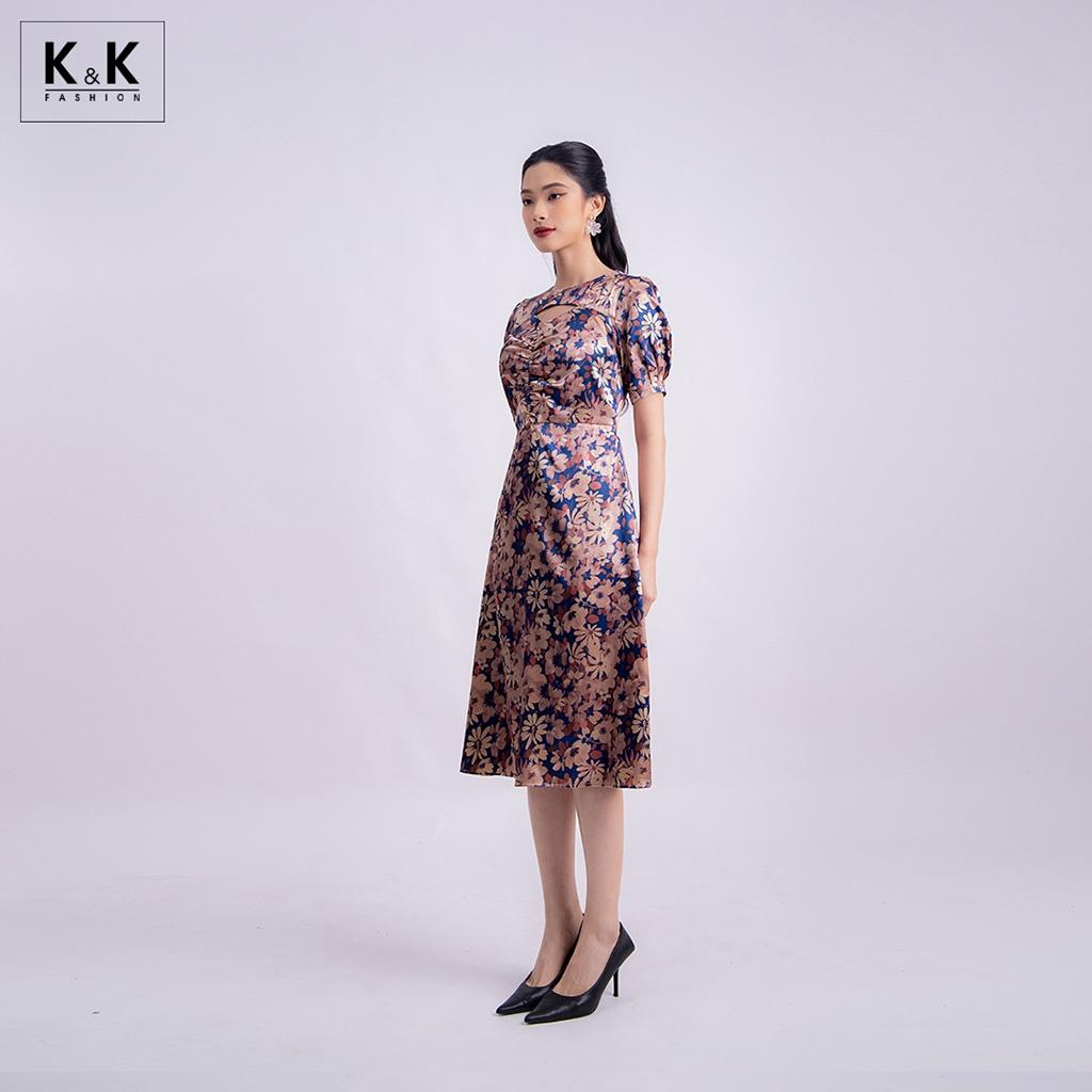 Đầm Hoa Midi Dáng Xòe Nhún Ngực K&amp;K Fashion KK120-32 Chất Liệu Lụa
