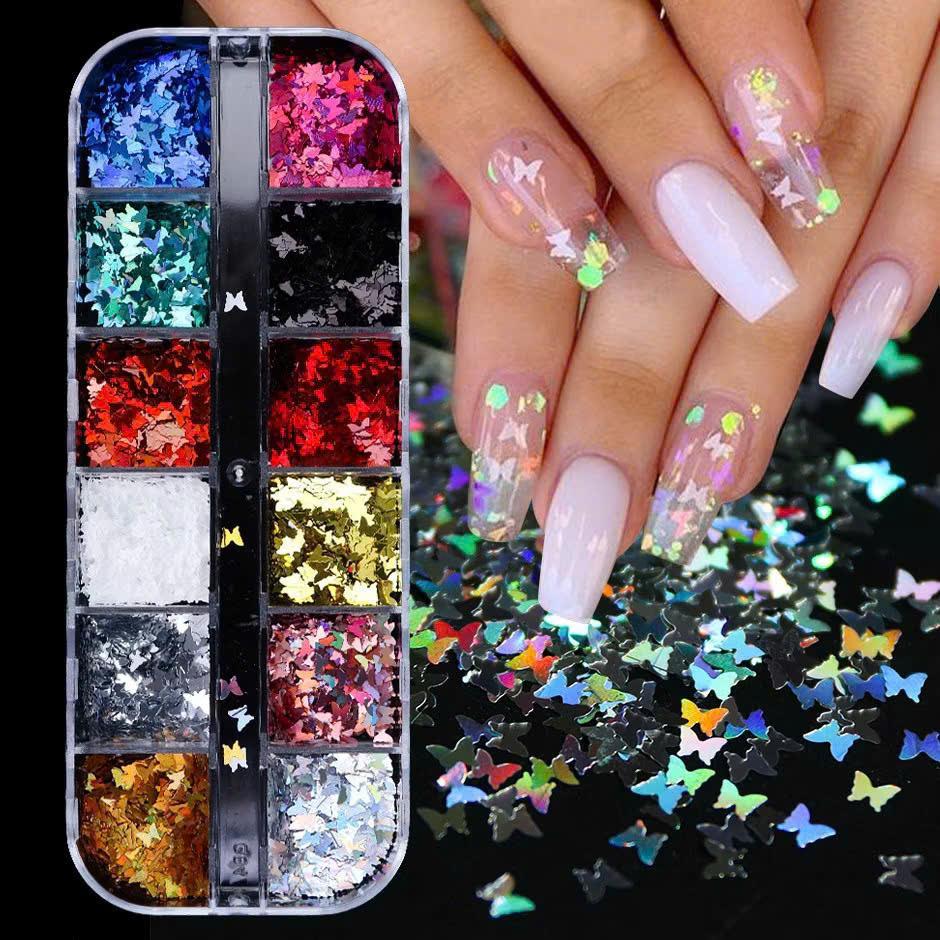 Set Kim Tuyến 12 Màu Lá Phong Bướm Sequin Làm Nail Siêu Lấp Lánh, Lá Thông Siêu Mỏng Dễ Đắp, Tạo Móng Sinh Động