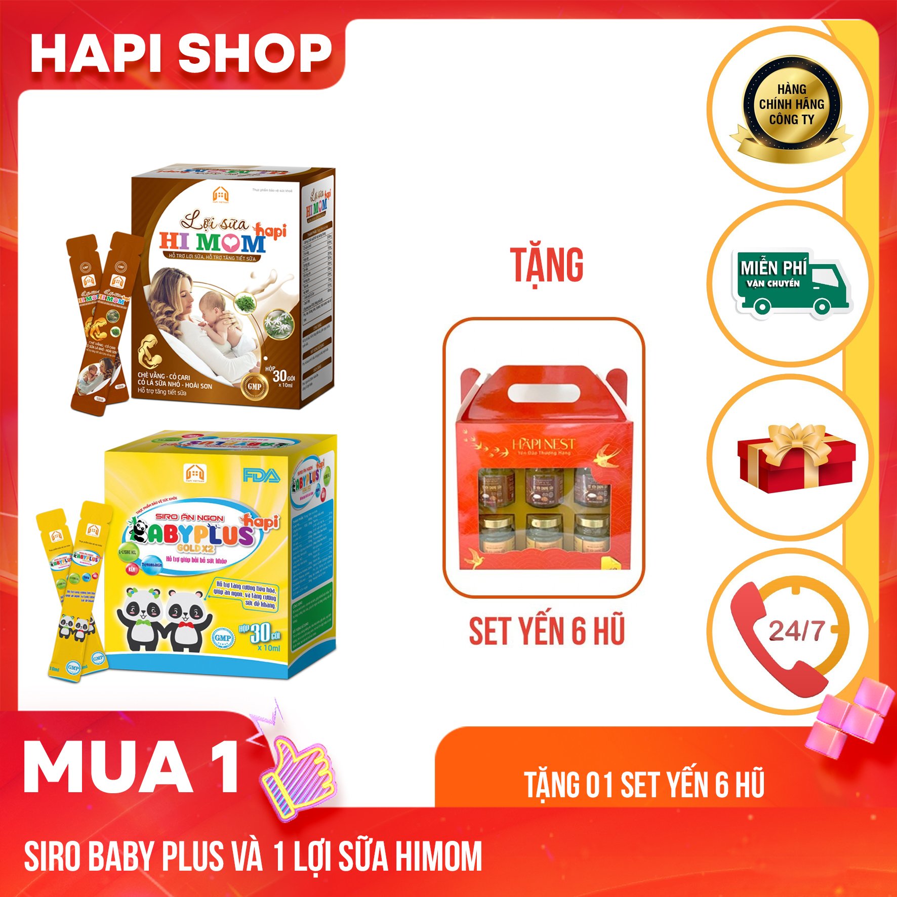 1 siro ăn ngon babyplus + 1 lợi sữa hi mom tặng 1 set yến 6 hũ