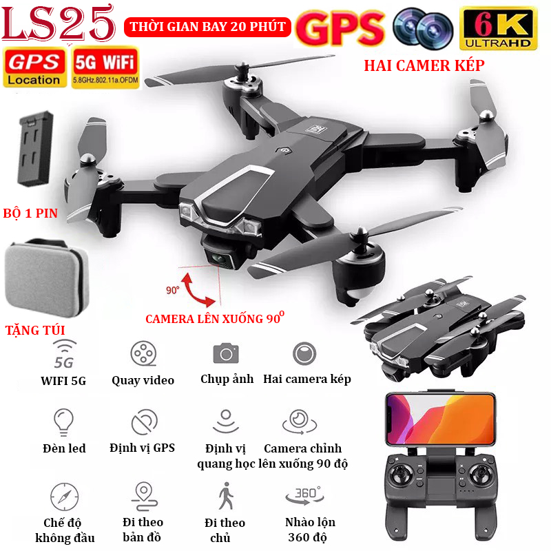 (BỘ 2 PIN) - TẶNG TÚI ĐỰNG - Flycam mini 6K, Flycam LSRC LS25 Camera 6K, Định vị GPS - WIFI 5G truyền ảnh trực tiếp về điện thoại, thời gian bay 20 phút,chế độ bay không đầu - nhào lộn 360° độ -camera lên xuống 90°