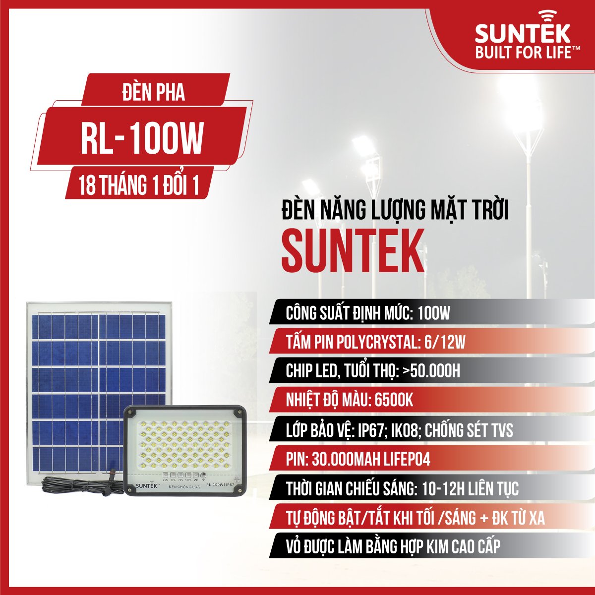 Đèn Pha Chống Lóa Năng Lượng Mặt Trời SUNTEK RL-100W - Sáng suốt đêm 10-12 giờ | Tự động Bật/Tắt | Điều khiển Từ Xa | Chống Nước/Bụi/Sét | Tuổi thọ bóng LED 50.000 giờ - Hàng Chính Hãng - Bảo hành 18 tháng 1 đổi 1
