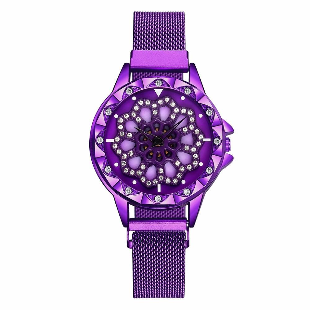 Đồng hồ đeo tay mặt hoa tròn xoay 360 độ chống thấm bằng thép không gỉ sang trọng cho nữ