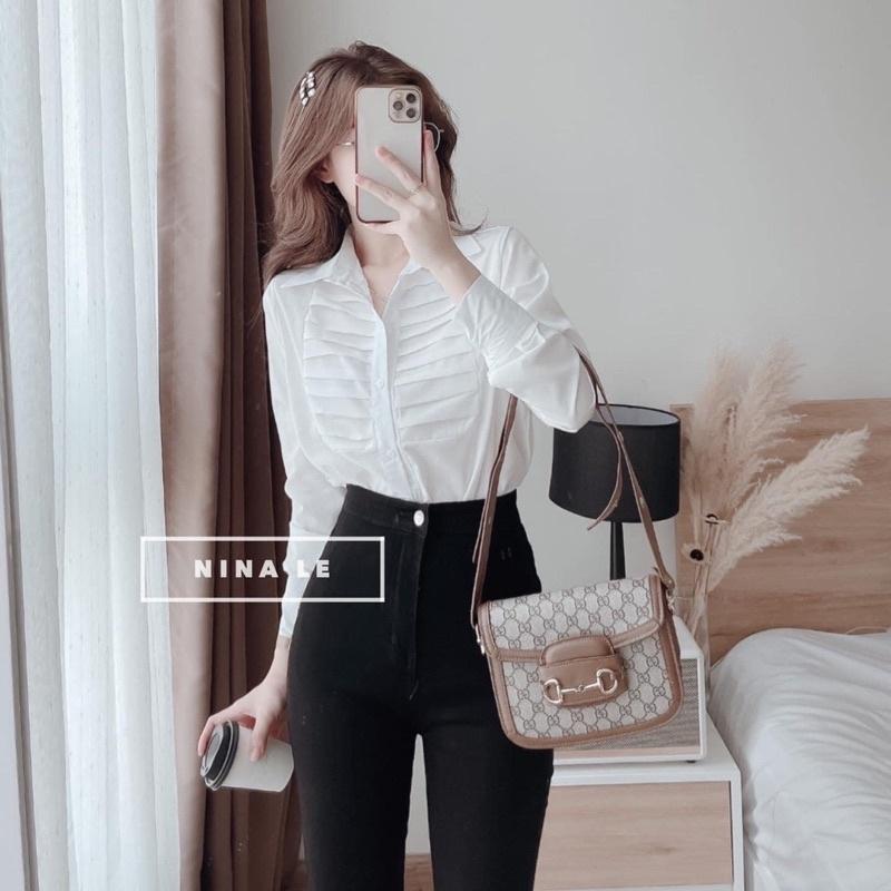 Áo Sơ Mi Trắng Kiểu Xếp Ly Ngực Hàng Đep Kiểu Công Sở YURITA Sơmi Tay Dài Cao Cấp Hàn Quốc Vintage Tiểu Thư