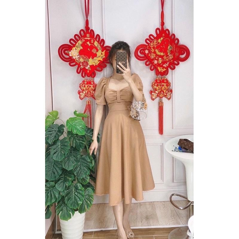 Đầm tay phồng nhún có mút ngực