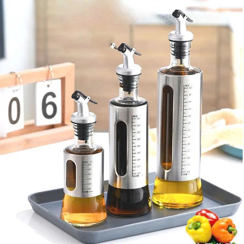 Chai Đựng Dầu Ăn  , Nước Mắm 200 ML Thủy Tinh Bọc Inox Cao Cấp – Bình Rót Gia Vị Tiện Lợi