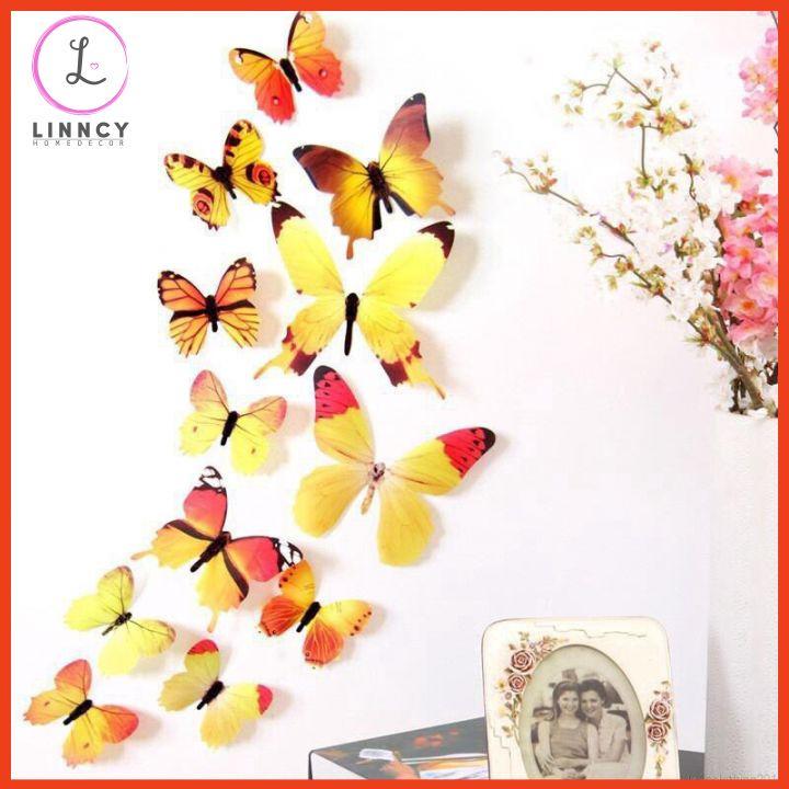Bộ 12 decal dán tường hình bướm 3D trang trí cửa kính, tủ quàn áo, giỏ hoa, ảnh treo tường