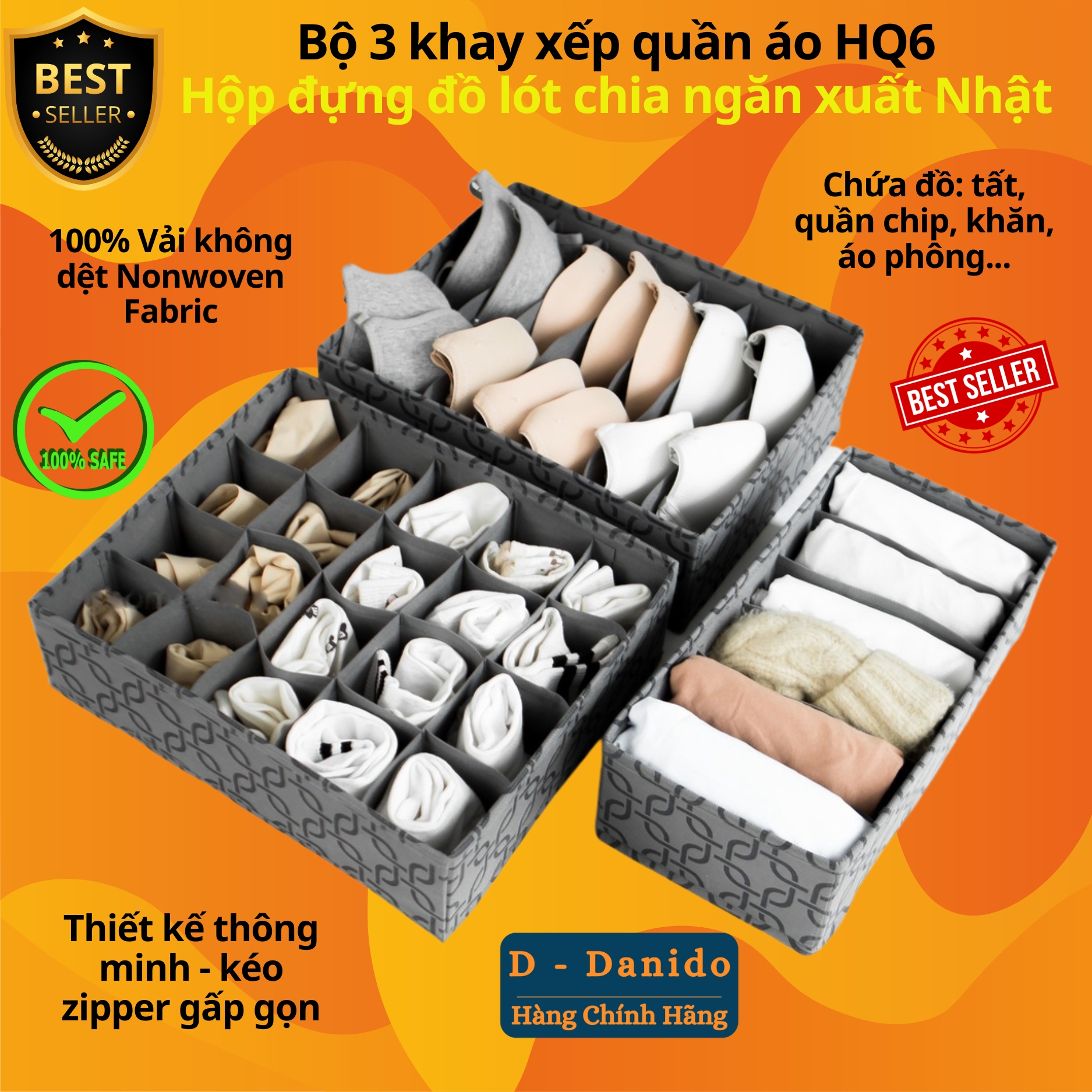 Combo 3 khay xếp quần áo HQ6, Set 3 hộp đựng đồ lót gọn nhẹ chia ngăn tiện lợi xuất Nhật chính hãng D Danido