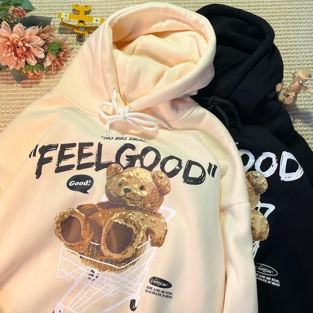 ÁO KHOÁC HOODIE NAM NỮ FORM RỘNG TAY PHỒNG MÀU BE VẢI NỈ DÀY MỊN, ÁO HOODIE UNISEX IN GẤU FEELGOOD