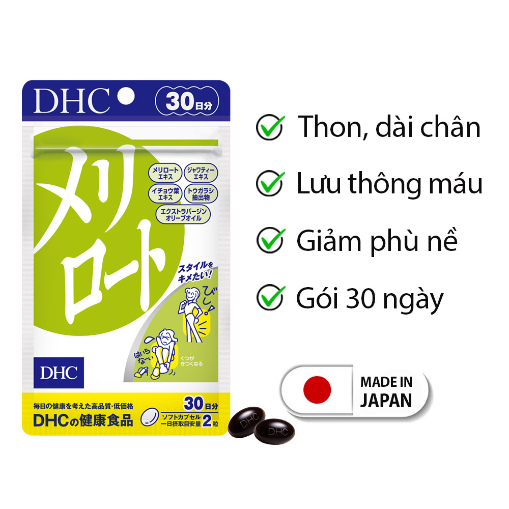 Viên uống làm thon và dài chân DHC Melilot Nhật Bản thực phẩm chức năng hỗ trợ lưu thông máu, bài tiết nước dư thừa, giảm phù nề gói 30 ngày JN-DHC-MEL30