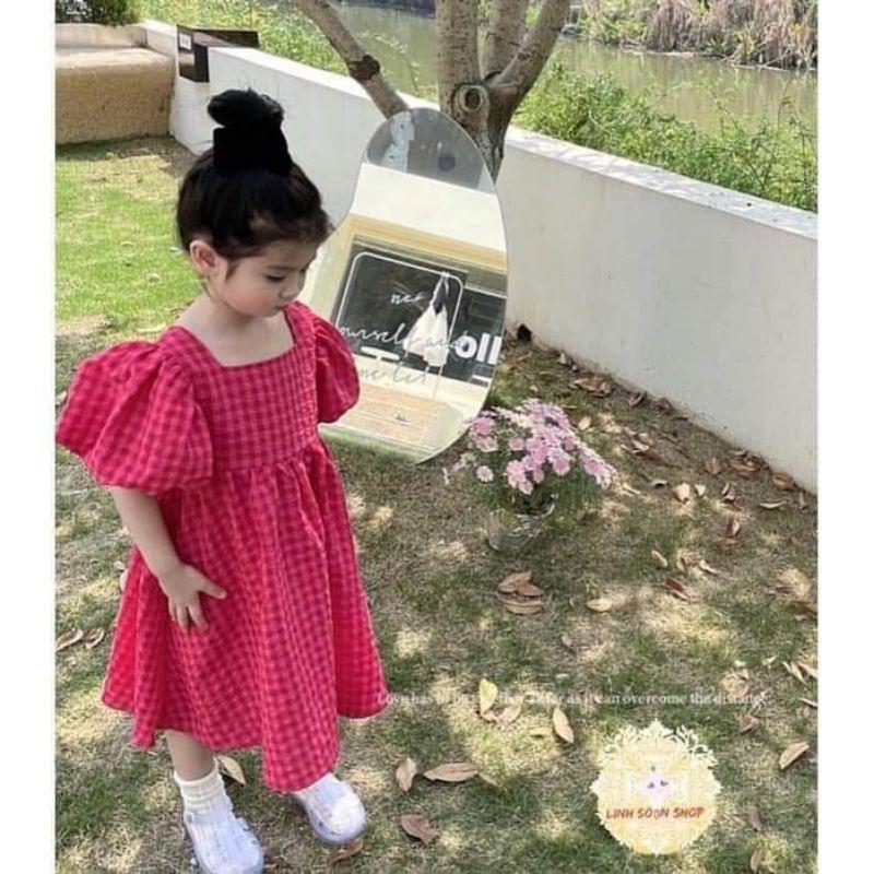 Váy bé gái- váy kẻ hồng đậm 2 nơ lưng