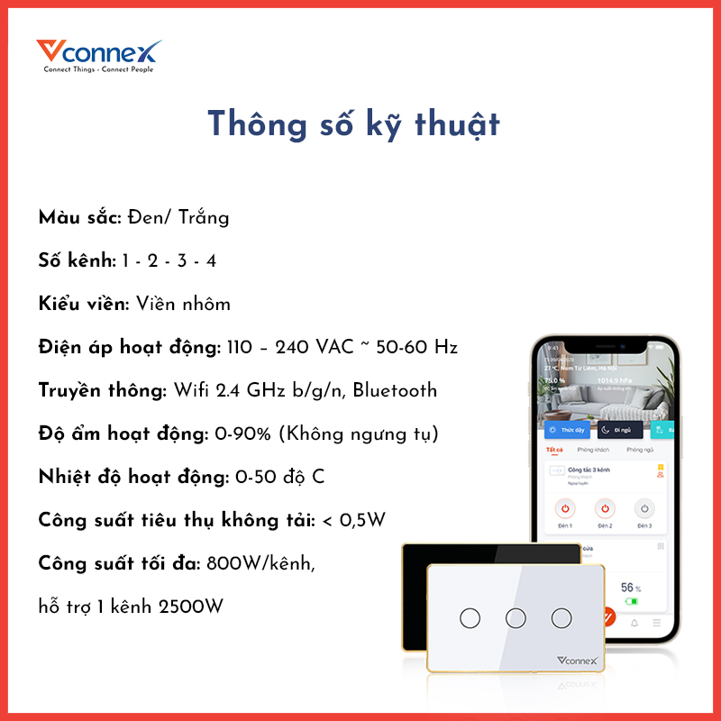 Công tắc thông minh wifi cảm ứng điều khiển từ xa, hình chữ vuông viền vàng 02 Nút, công suất 800-2500W. BH 2 năm 1 đổi 1