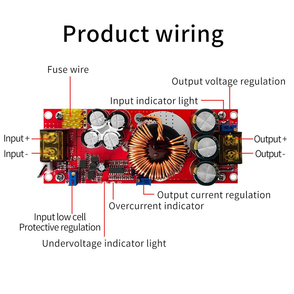 1500W Non-Isolated Boost Constant Current Module DC10-60V Input Voltage 0.8-20A Constant Current Input Low Battery Protections Regulation Function