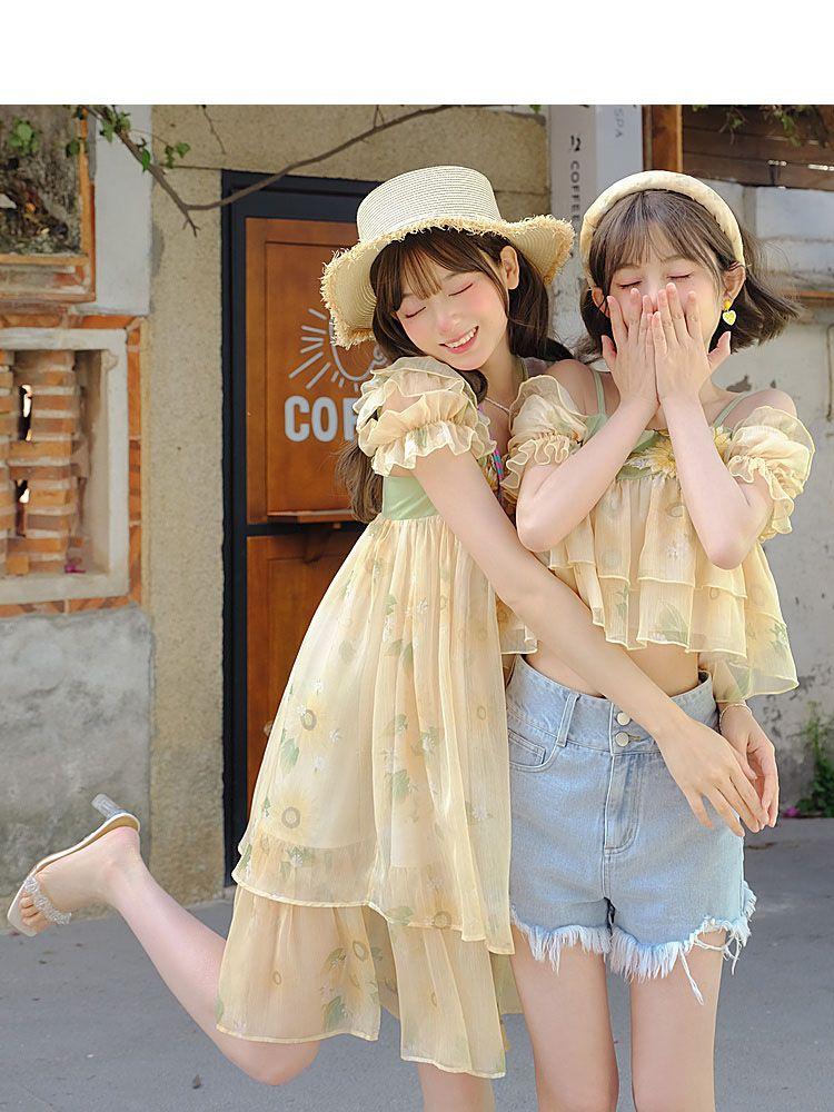 SHUANGYAN Mối tình đầu của hoa Hướng Dương, váy cưới kiểu Pháp, váy ngắn tay bong bóng, váy đồng quê, váy chị em thân thiết mùa hè.