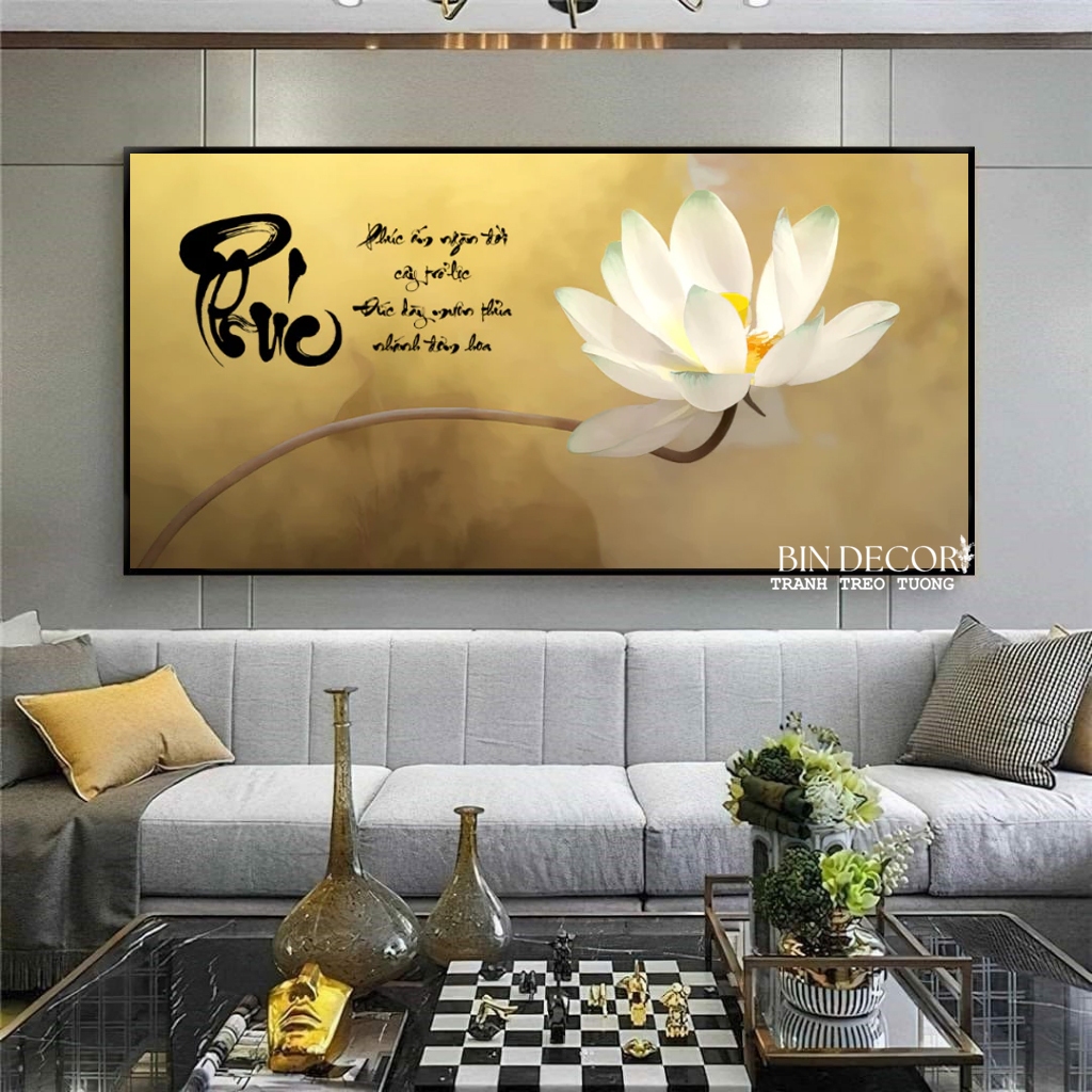 Tranh treo tường hoa sen và chữ phúc có sẵn khung kèm đinh quà tặng tân gia