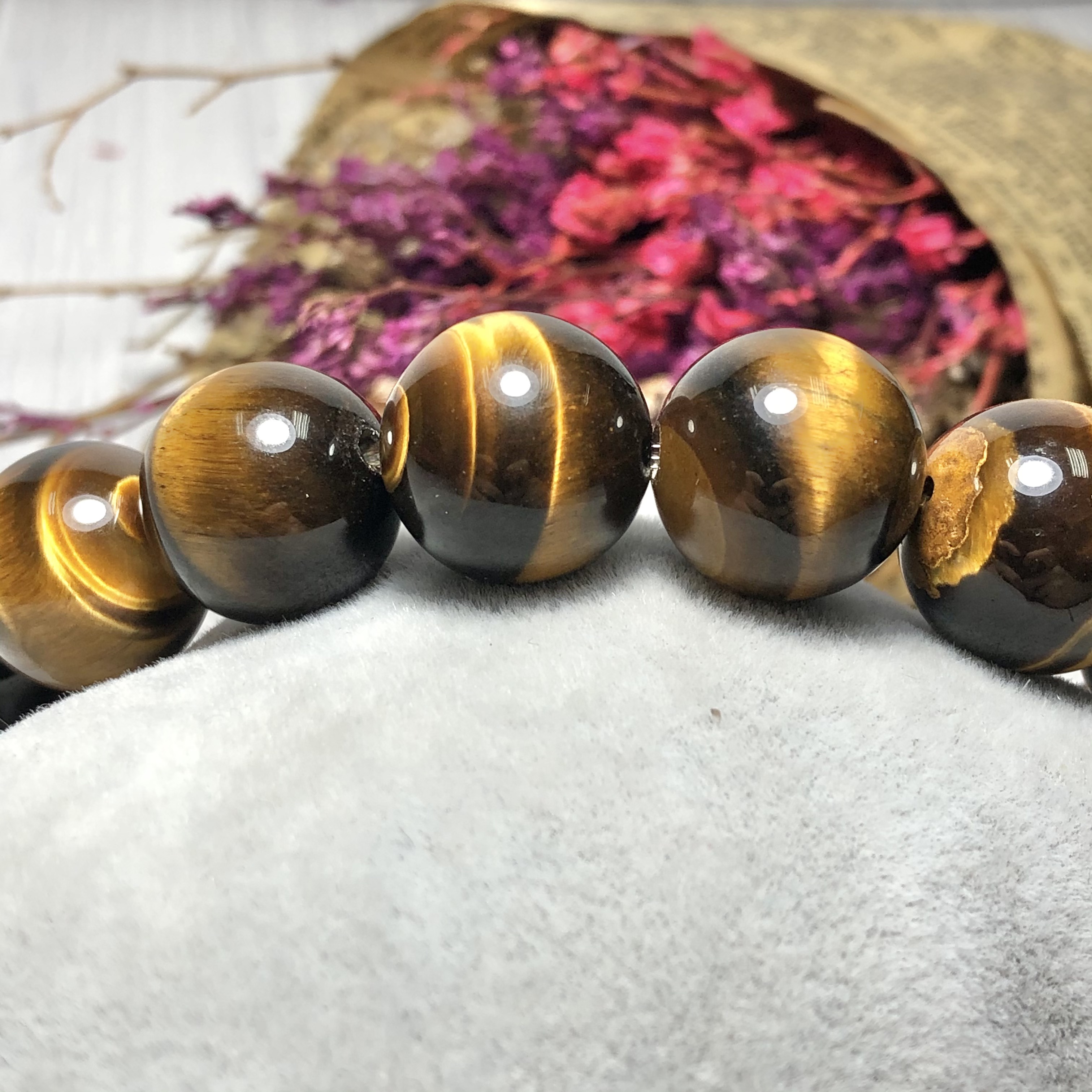 Vòng tay Thạch Anh Mắt Hổ vàng nâu 14mm mix tỳ hưu