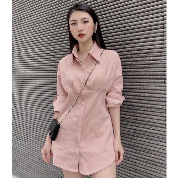 Sơ mi Váy bo eo tay dài chất thô nhung mịn