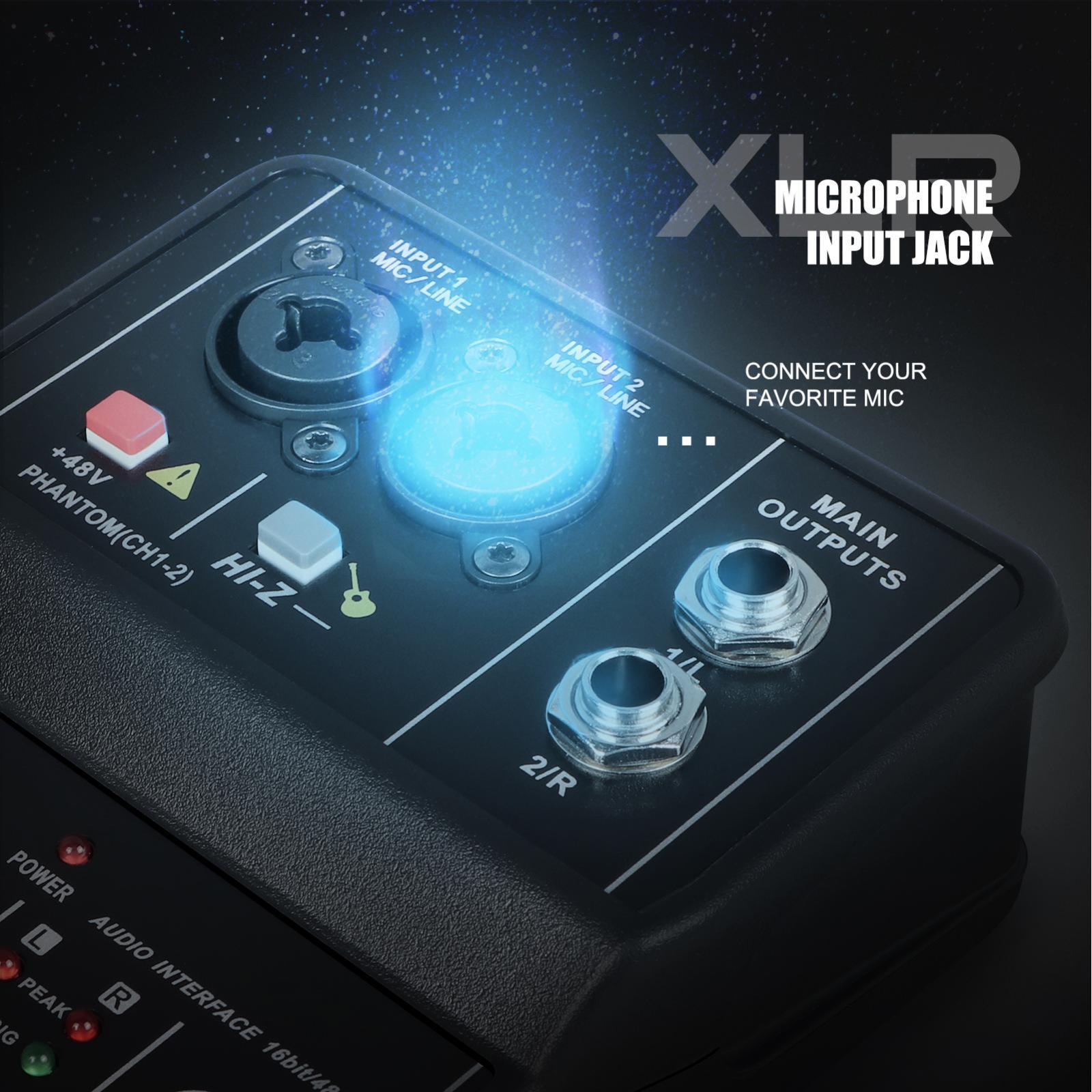 USB Audio Interface, Audio Mixer, 2 Channel with 48V  Power, 16Bit/49 KHz Low Latency Plug and Play for Recording  Podcasting