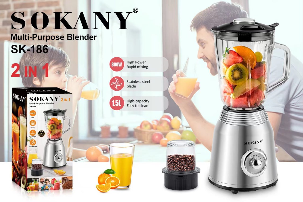 Máy xay sinh tố SOKANY công suất cực lớn 800W có 2 bộ cối dao sử dụng xay hoa quả, xay thực phẩm đa năng - SK186B - HÀNG CHÍNH HÃNG - DELIYA