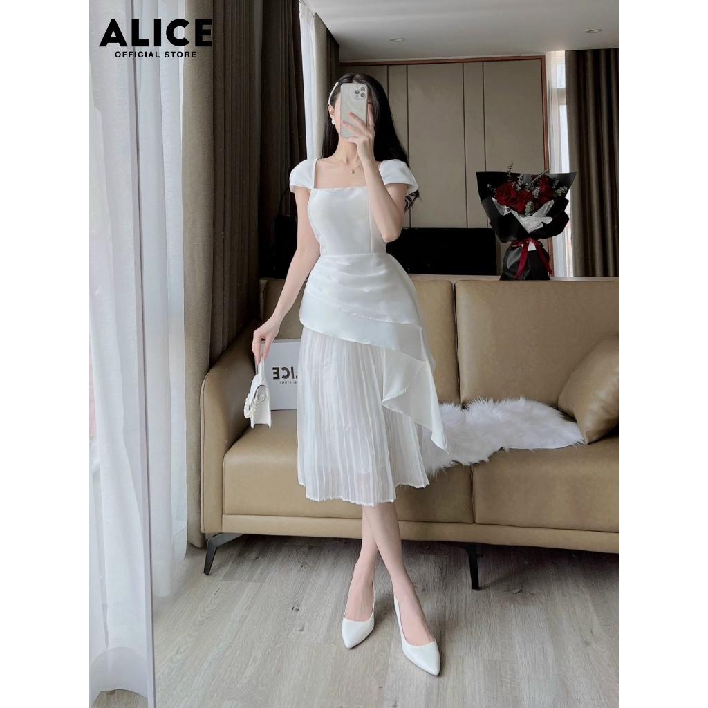 Váy Trắng Tiểu Thư Cổ Vuông ALICE Chất Vải Tafta Cao Cấp Phối Tơ Thiết Kế Tay Cánh Tiên Phối Dập Ly V790