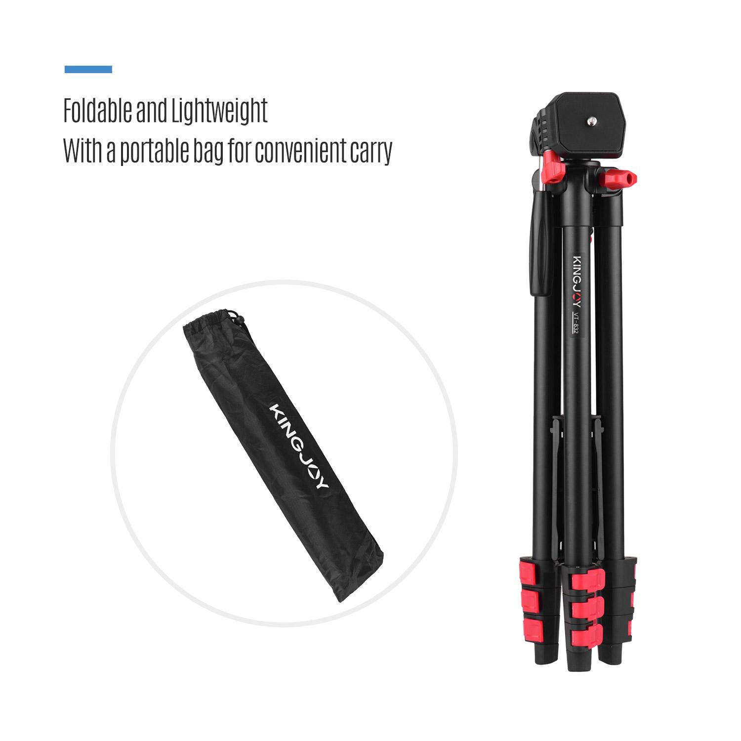 KINGJOY VT-832 Portable Photography Tripod Stand Aluminum Alloy 2kg Load Capacity 1/4 Inch Screw Connector Max. Height