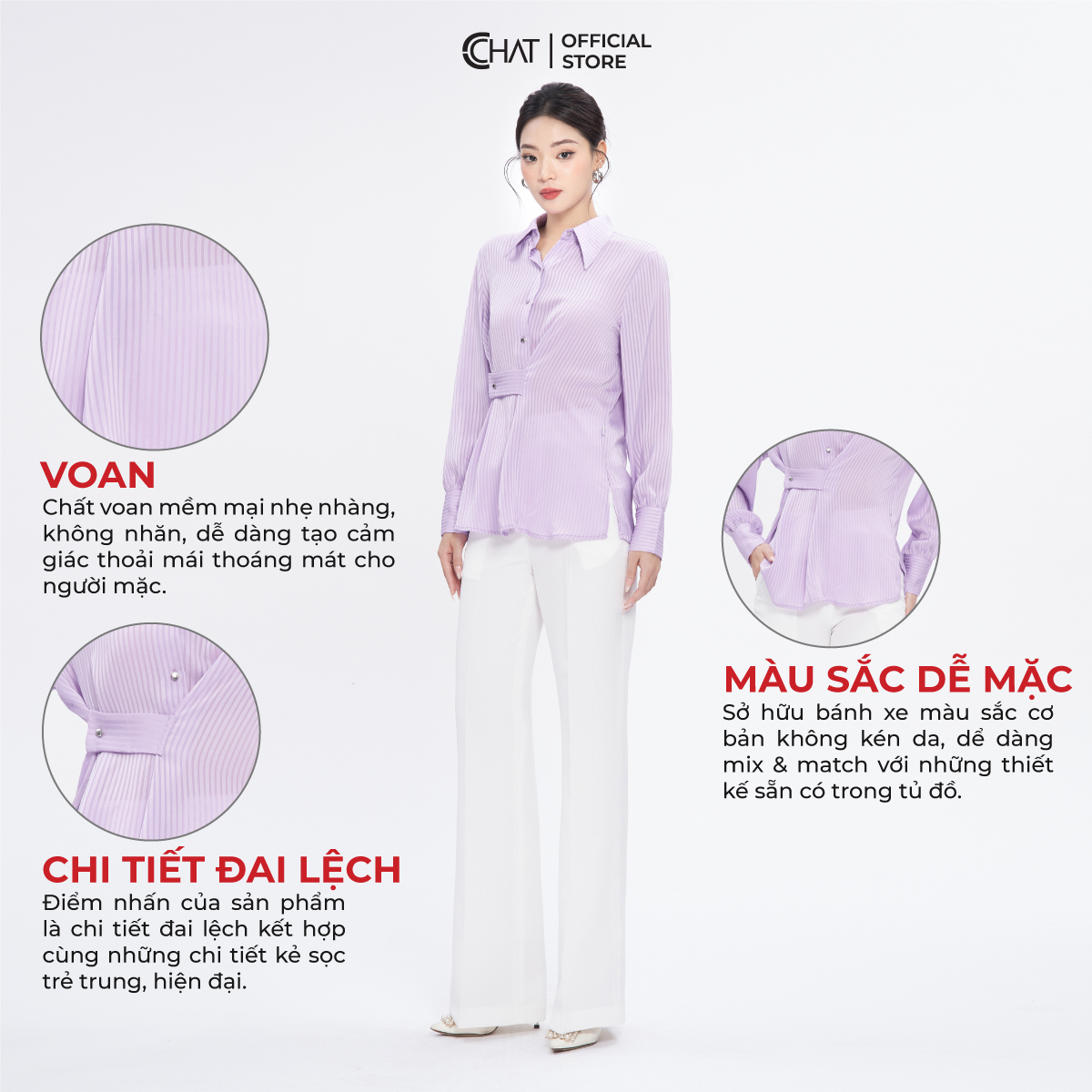 Áo Sơ Mi Nữ Xếp Ly Kiểu 1 Bên Thân Trước Dáng Suông Chất Voan Cao Cấp 53FDE2028ST