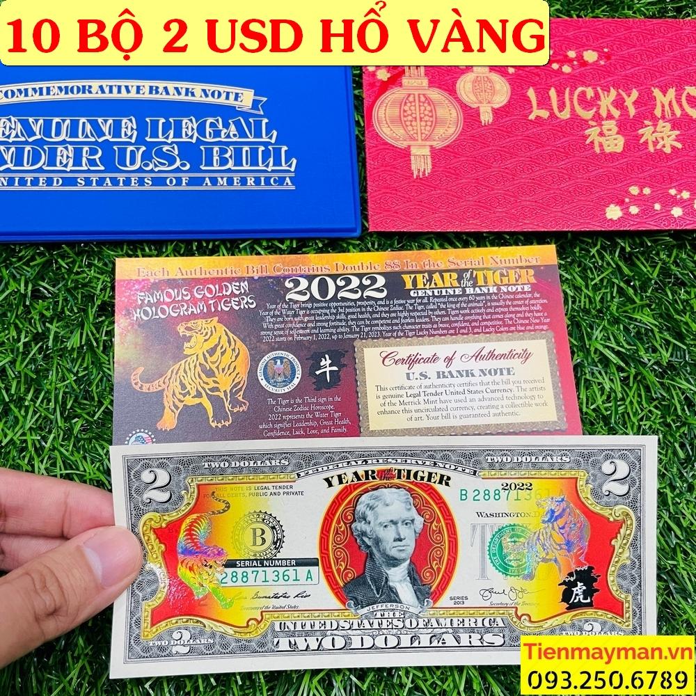 [10 SÉT] Tiền Lì Xì Hình Con Hổ ( Cọp) 2 USD Mạ Vàng Là linh vật của năm 2022.