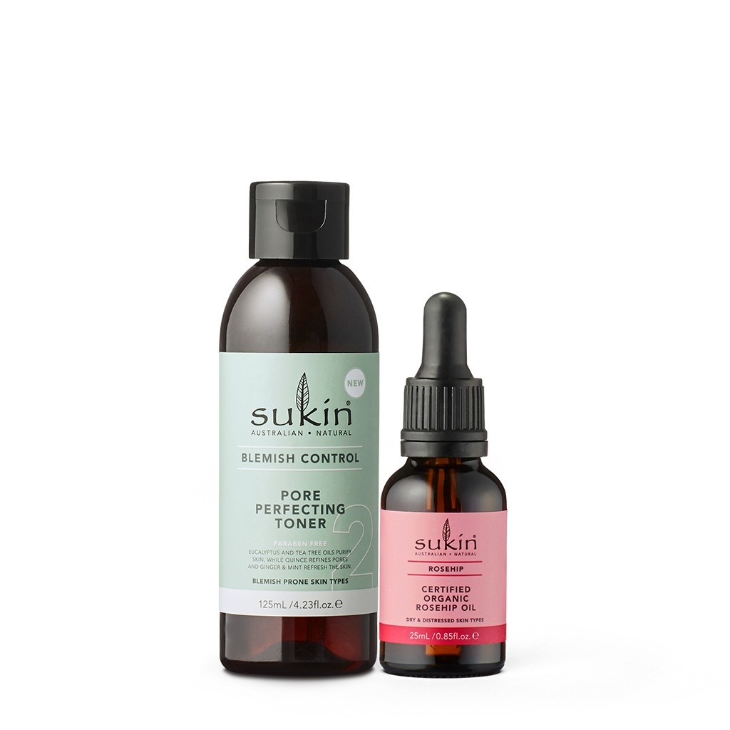 Combo Sukin Phục Hồi Da Tổn Thương Nước Hoa Hồng Blemish Toner 125ml + Tinh Dầu Nụ Tầm Xuân Rosehip Oil 25ml