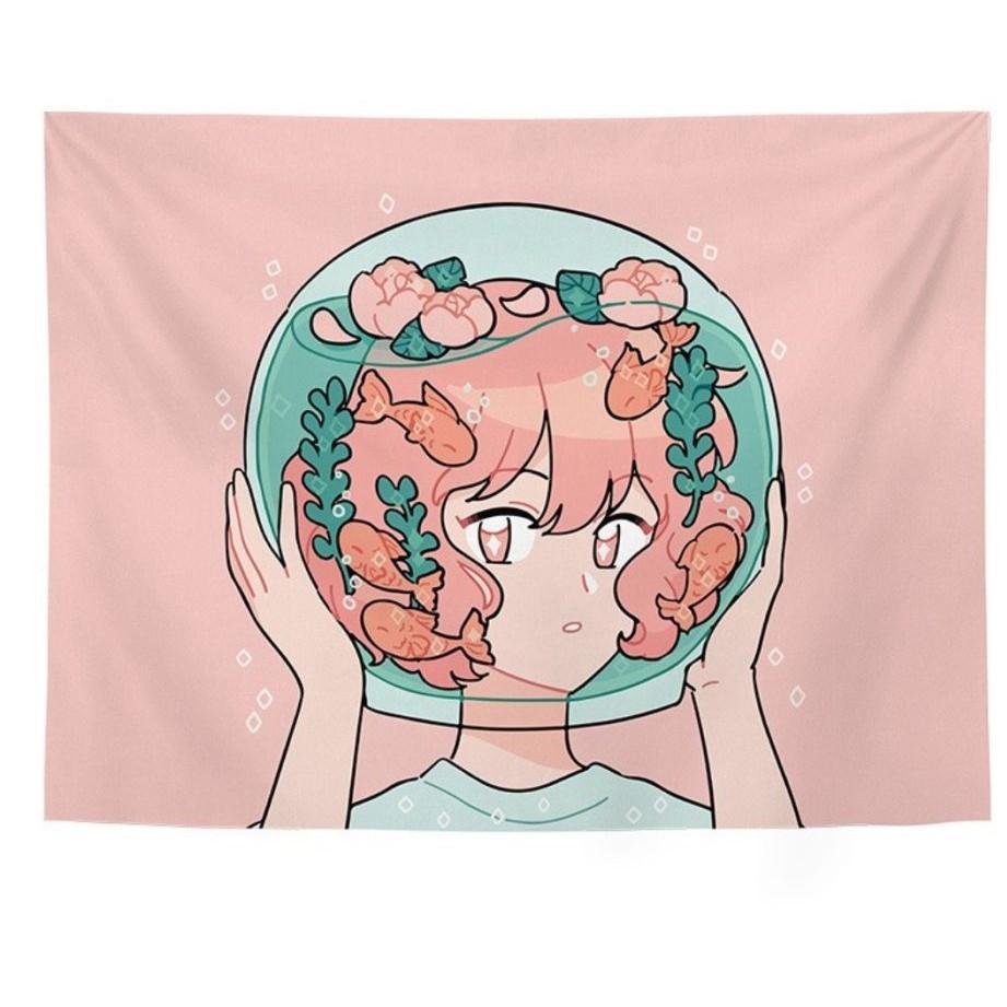 Thảm treo tường phong cách Anime decor phòng ngủ, vải treo tường vintage