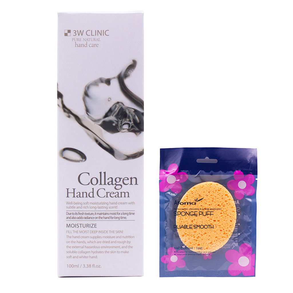 Kem dưỡng da tay Collagen Hàn Quốc cao cấp 3W Clinic Collagen Hand Cream (100ml) + Bông bọt biển massage mặt Hàn Quốc Aroma – Hàng Chính Hãng
