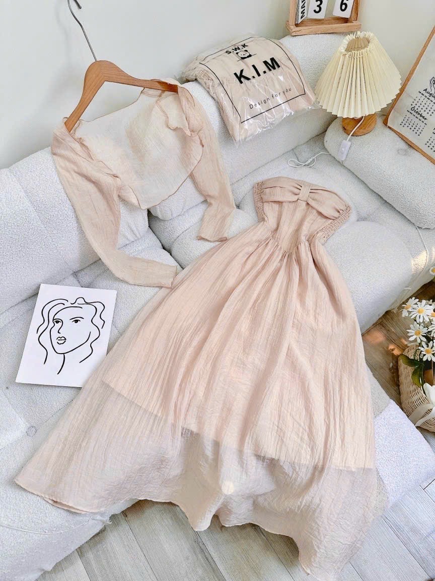 ĐẦM ỐNG DÀI MID ĐI TIỆC ÔM XÒE SUÔNG TRƠN MAXI LƯNG THUN + ÁO KHOÁC LỬNG VOANĐI BIỂN DẠO PHỐ