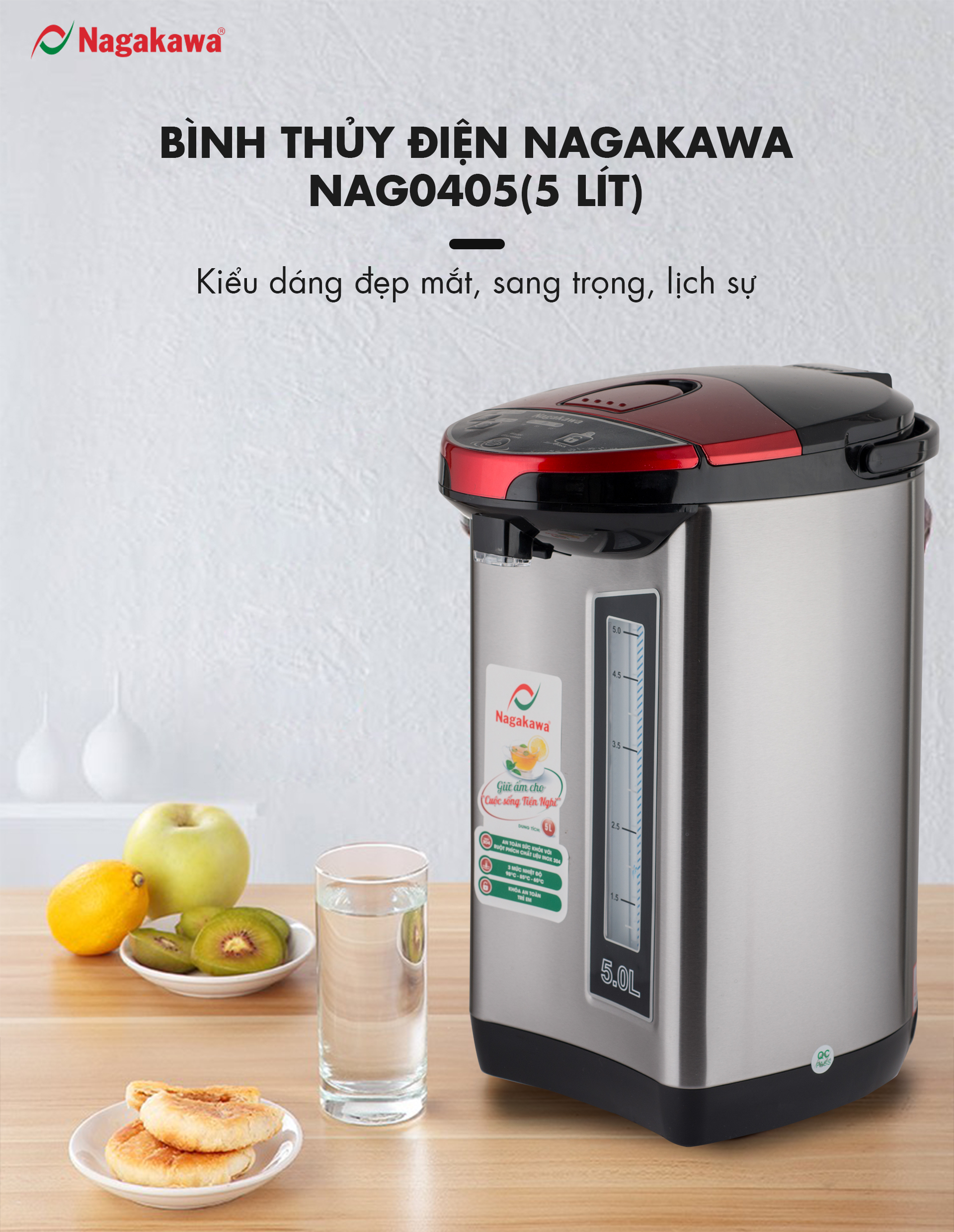 Bình Thủy Điện 3 Mức Nhiệt Nagakawa NAG0405 (5.0 Lít) - Hàng Chính Hãng