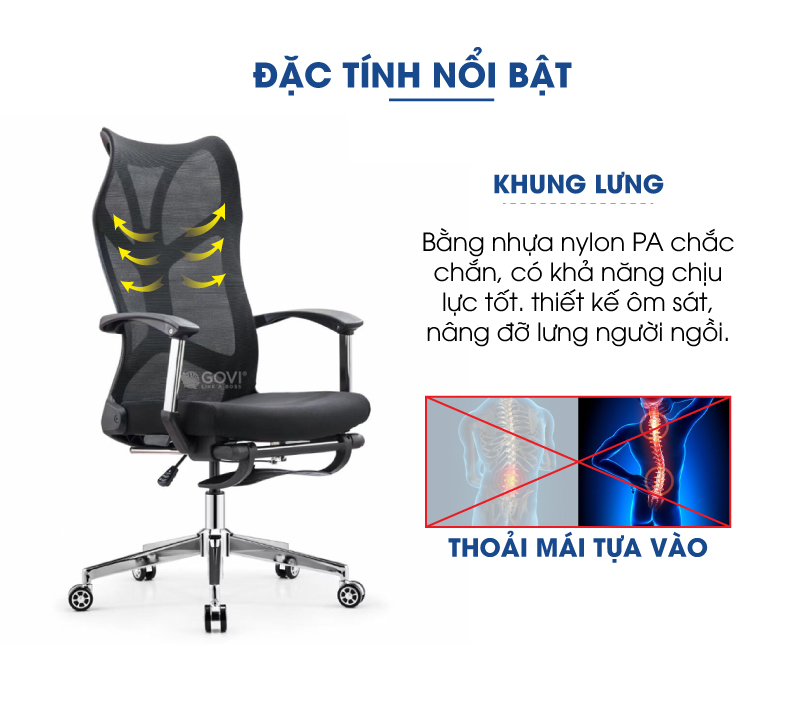 Ghế công thái học Ergonomic GOVI PL36 - Thiết kế gác chân, ngả cố định nhiều vị trí