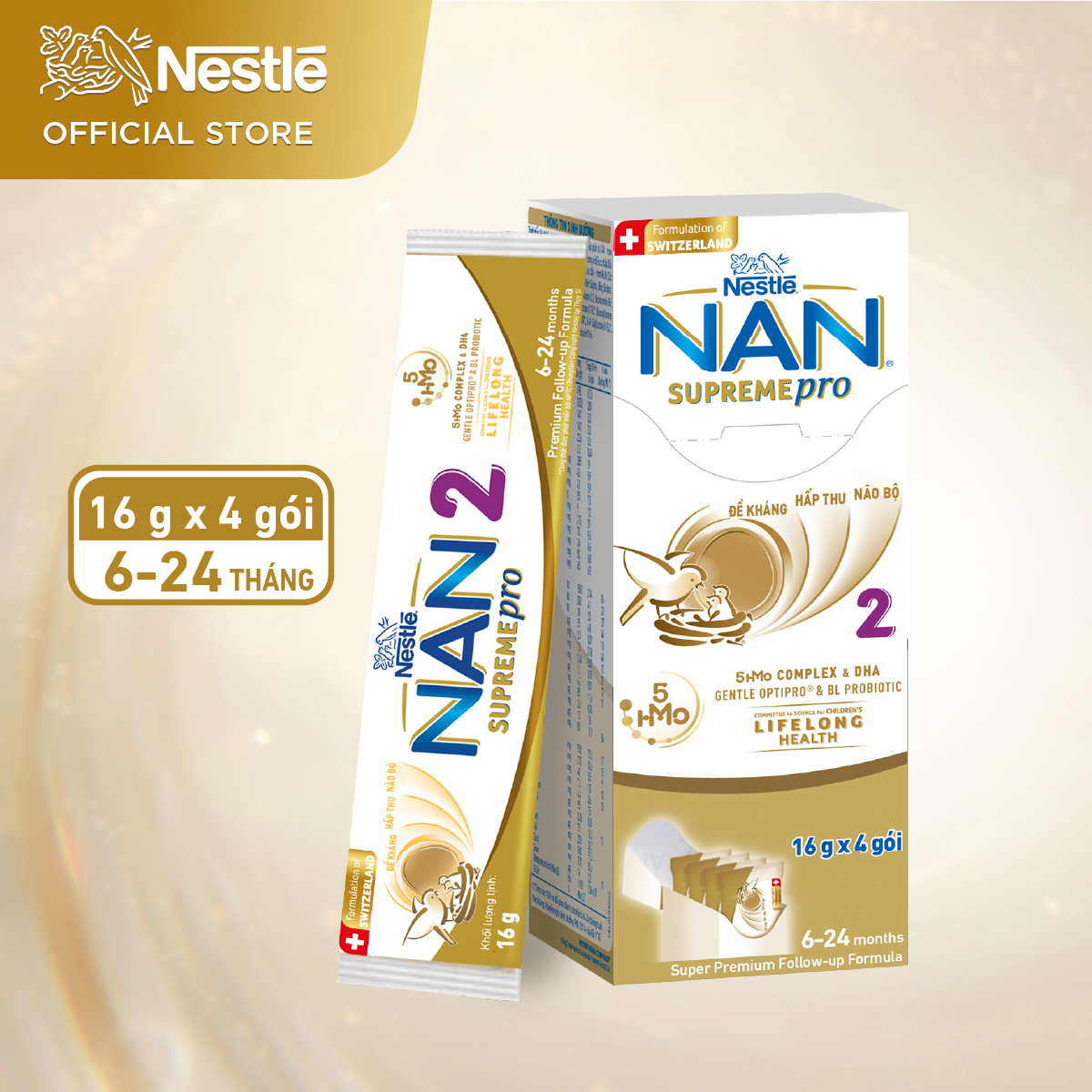 Sữa bột Nestlé NAN SupremePro 2 Hộp 4x16g với 5HMO &amp; đạm Gentle Optipro nhập khẩu từ Đức