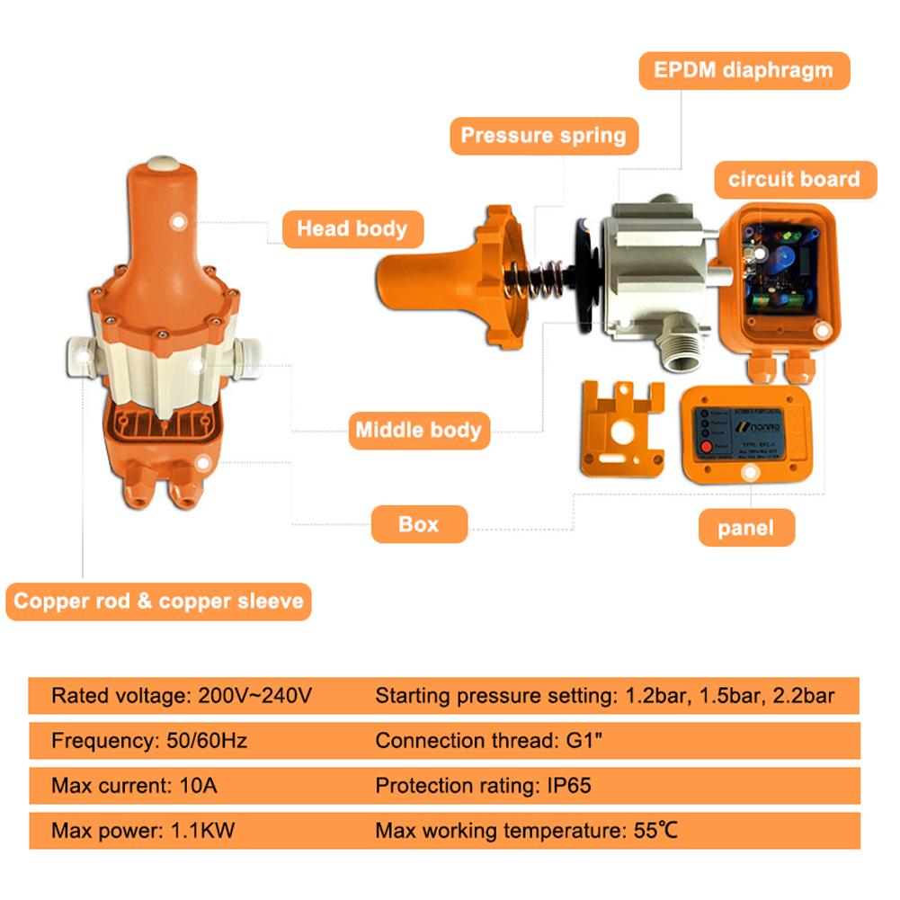 10A 220V~240V IP65 Waterproof Level Water Pump Automatic Switch Adjustable Water Pump Pressure Controller Household Pump