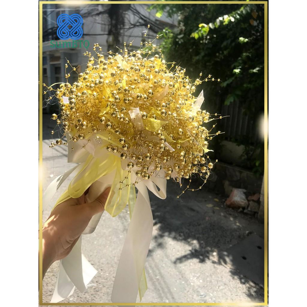 Hoa Cầm Tay Cô Dâu ️ Hoa Cườm Kết Ruy Băng Vàng